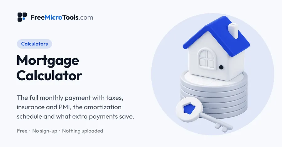 Mortgage Calculator: The full monthly payment with taxes, insurance and PMI, the amortization schedule and what extra payments save.