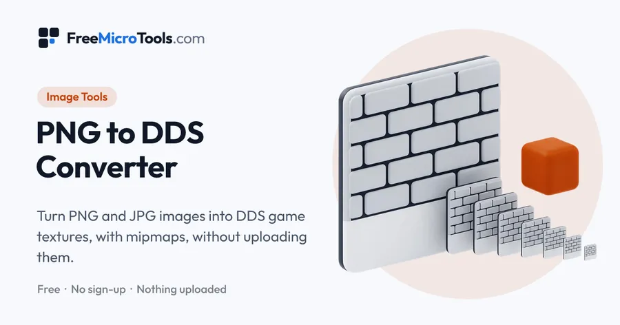 PNG to DDS Converter: Turn PNG and JPG images into DDS game textures, with mipmaps, without uploading them.